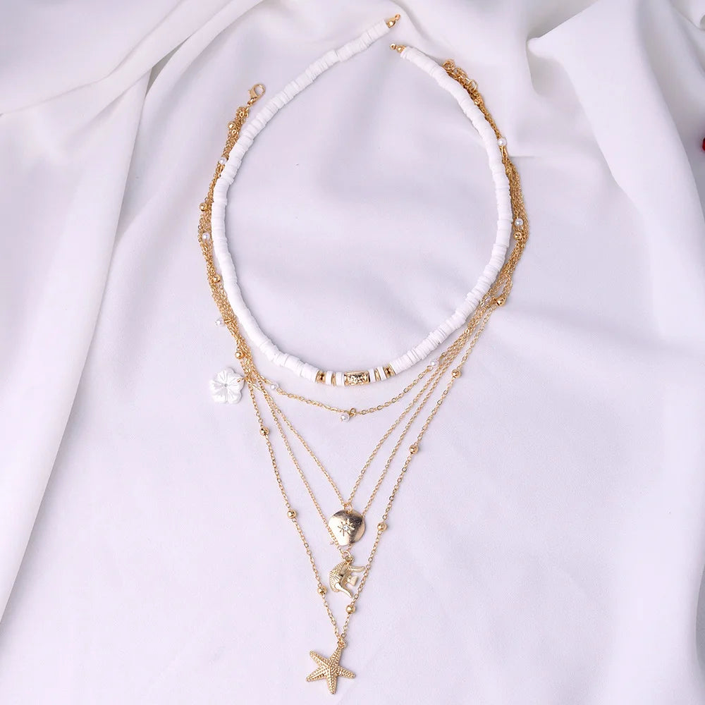 Fashion New Bohemia Soft Clay Shell Star Sun Pendant Chain Layered Necklace for Women Girls Summer Beach Simple Layered Necklace