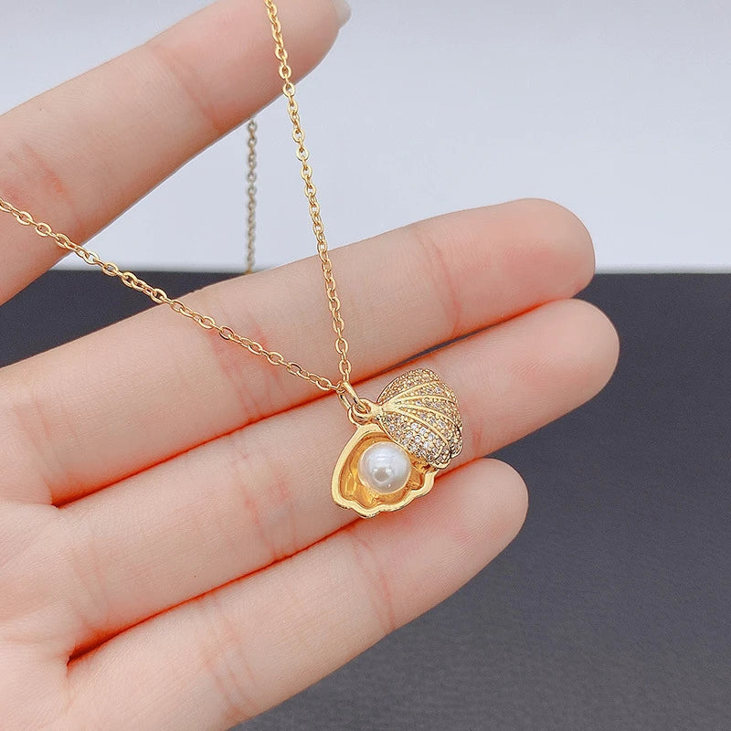 Summer Fashion Crystal Zircon Shell Imitation Pearl Pendant Necklace For Women  Collar Beach Neck Jewelry