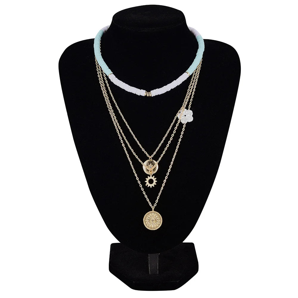 Fashion New Bohemia Soft Clay Shell Star Sun Pendant Chain Layered Necklace for Women Girls Summer Beach Simple Layered Necklace