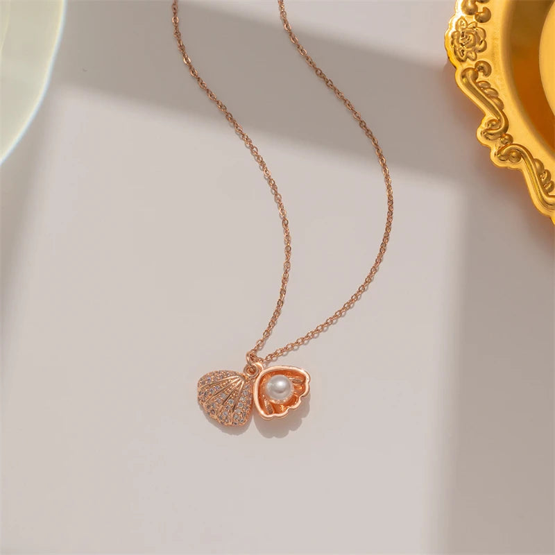 Summer Fashion Crystal Zircon Shell Imitation Pearl Pendant Necklace For Women  Collar Beach Neck Jewelry