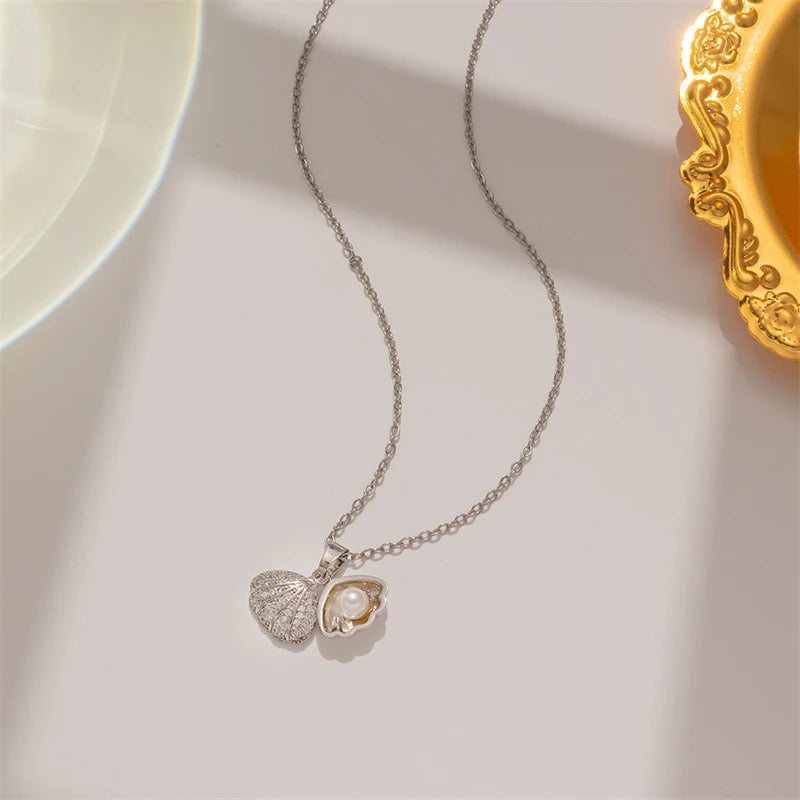 Summer Fashion Crystal Zircon Shell Imitation Pearl Pendant Necklace For Women  Collar Beach Neck Jewelry