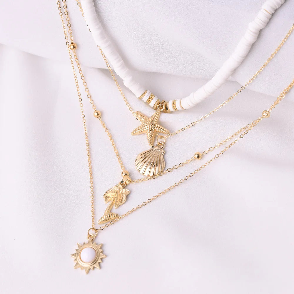 Fashion New Bohemia Soft Clay Shell Star Sun Pendant Chain Layered Necklace for Women Girls Summer Beach Simple Layered Necklace