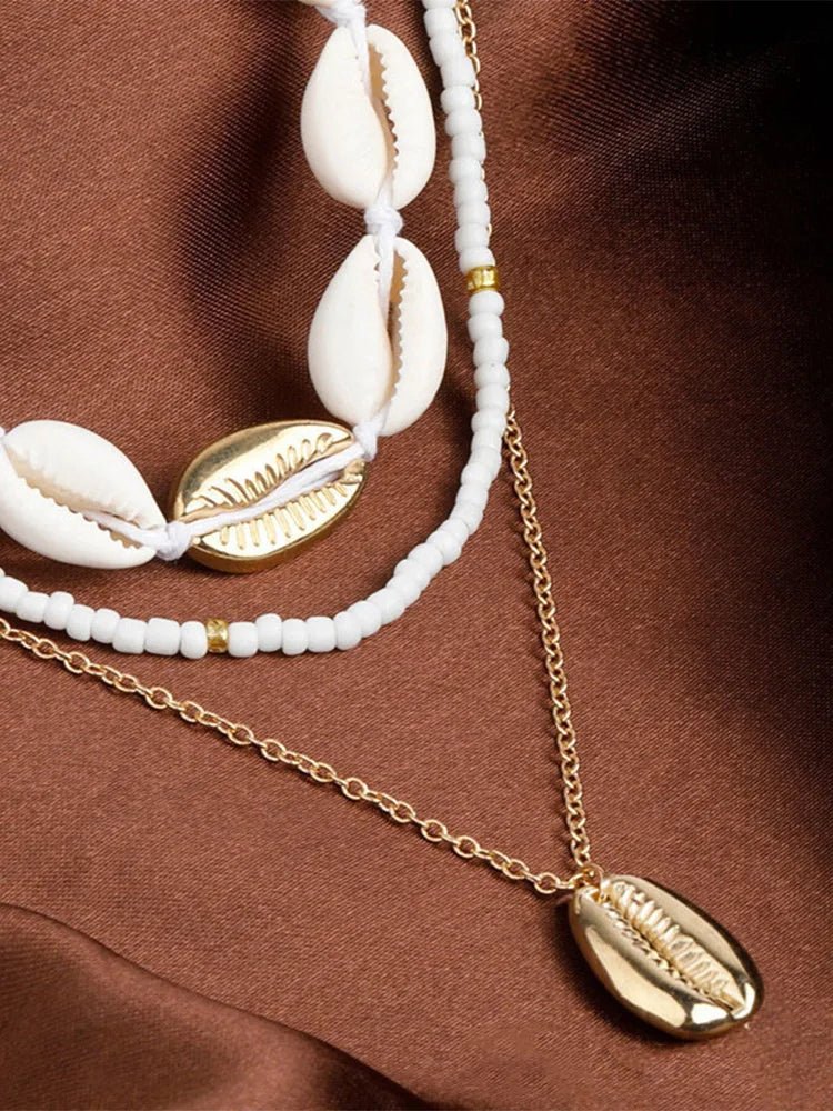 Fashion New Bohemia Soft Clay Shell Star Sun Pendant Chain Layered Necklace for Women Girls Summer Beach Simple Layered Necklace