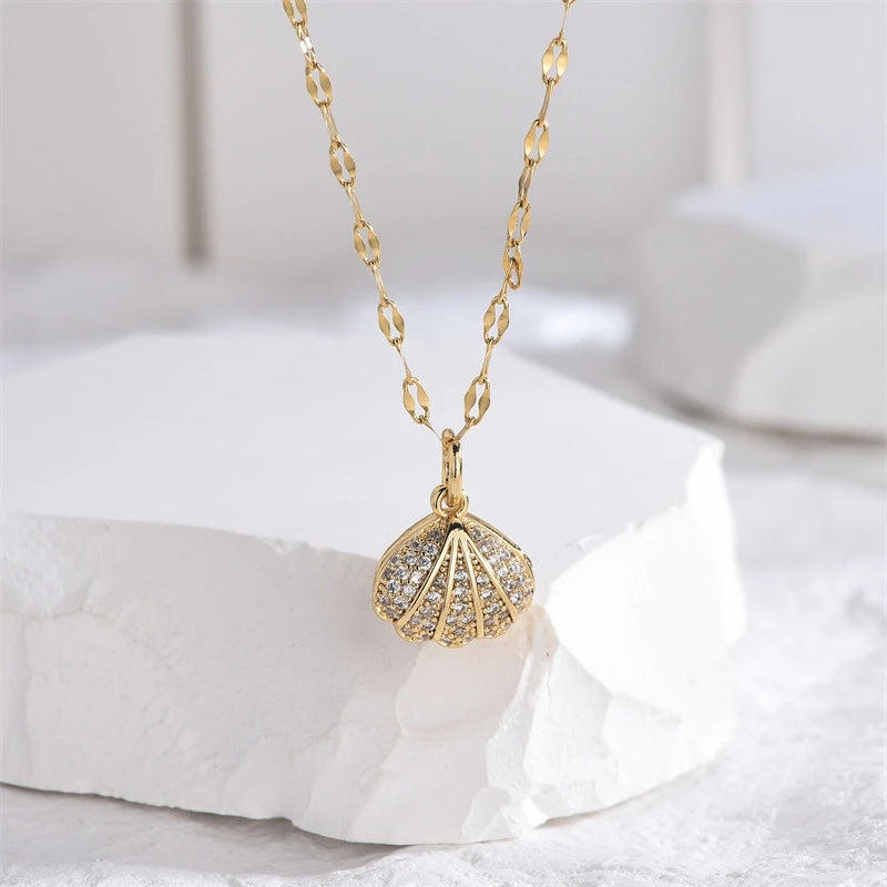 Summer Fashion Crystal Zircon Shell Imitation Pearl Pendant Necklace For Women  Collar Beach Neck Jewelry