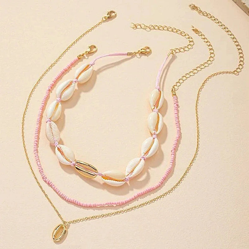Fashion New Bohemia Soft Clay Shell Star Sun Pendant Chain Layered Necklace for Women Girls Summer Beach Simple Layered Necklace