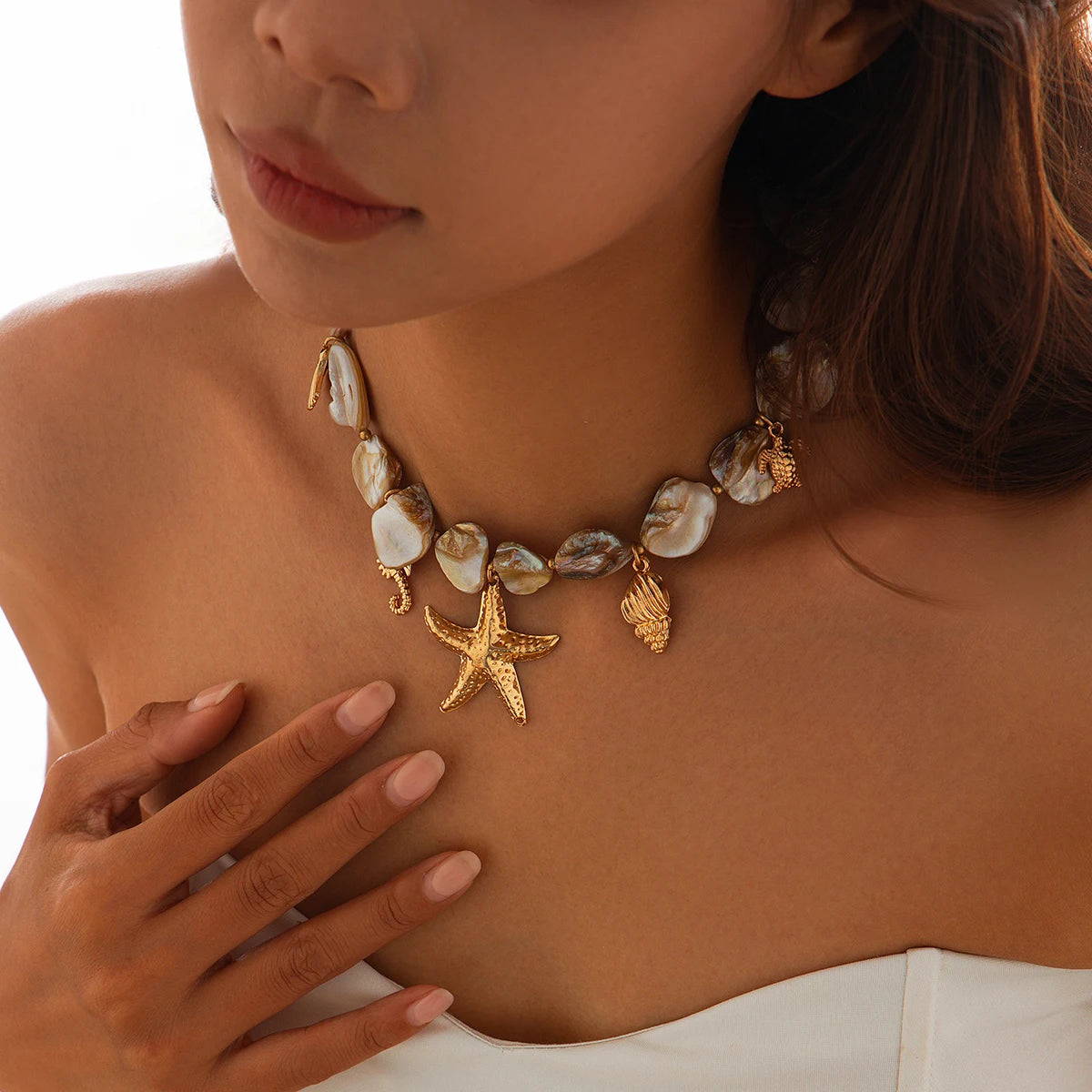 Ingemark Bohemian Irregular Chain Necklace for Women Summer Beach Vacation Starfish Conch Pendant Choker Necklace Y2K Jewelry