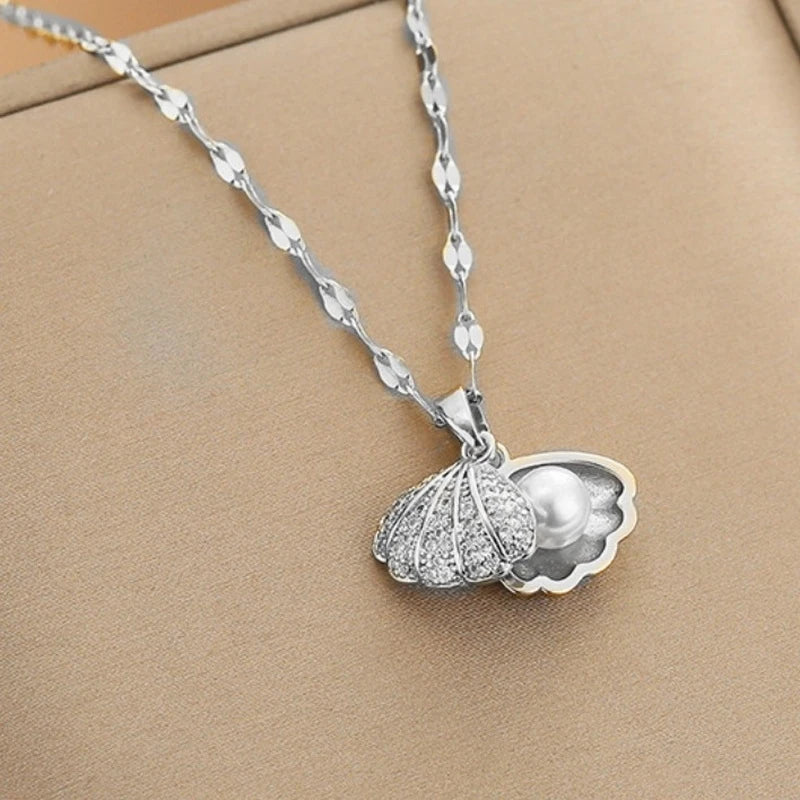 Summer Fashion Crystal Zircon Shell Imitation Pearl Pendant Necklace For Women  Collar Beach Neck Jewelry