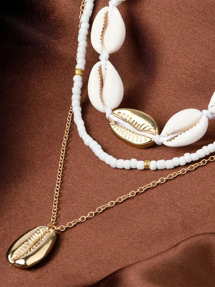 Fashion New Bohemia Soft Clay Shell Star Sun Pendant Chain Layered Necklace for Women Girls Summer Beach Simple Layered Necklace