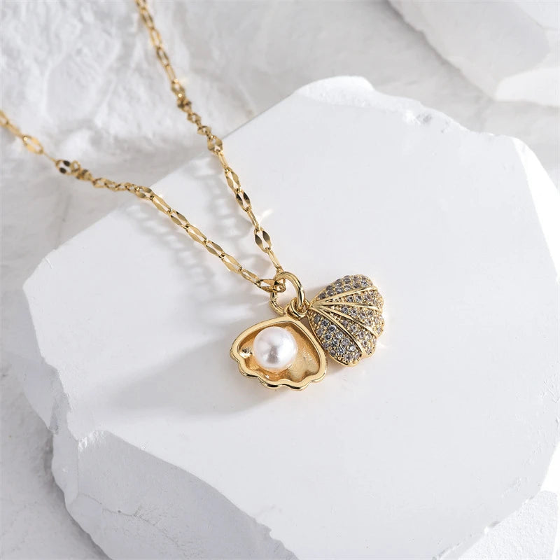 Summer Fashion Crystal Zircon Shell Imitation Pearl Pendant Necklace For Women  Collar Beach Neck Jewelry