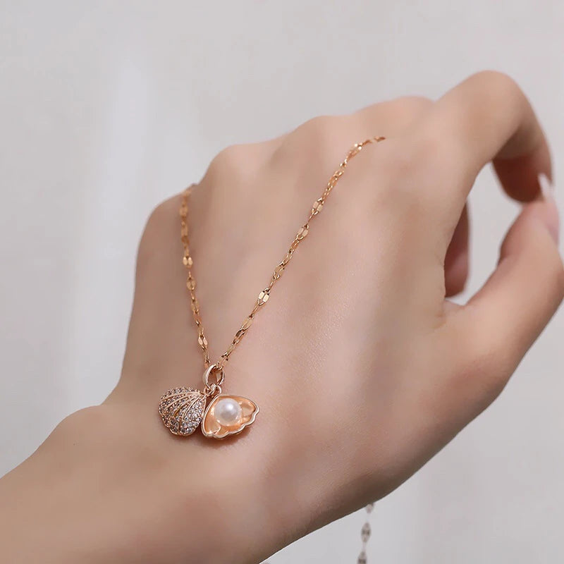 Summer Fashion Crystal Zircon Shell Imitation Pearl Pendant Necklace For Women  Collar Beach Neck Jewelry