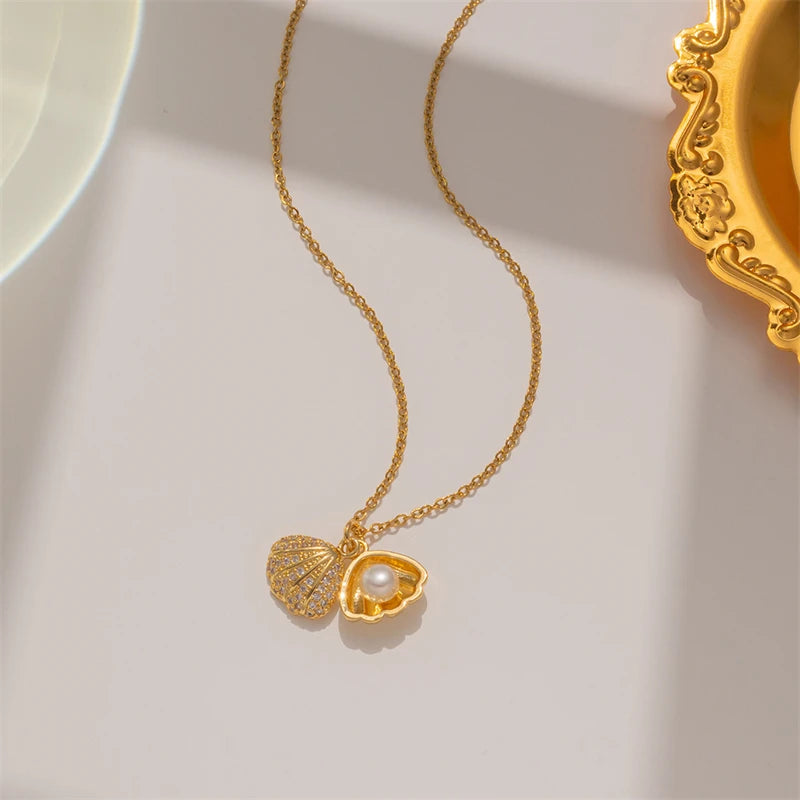 Summer Fashion Crystal Zircon Shell Imitation Pearl Pendant Necklace For Women  Collar Beach Neck Jewelry