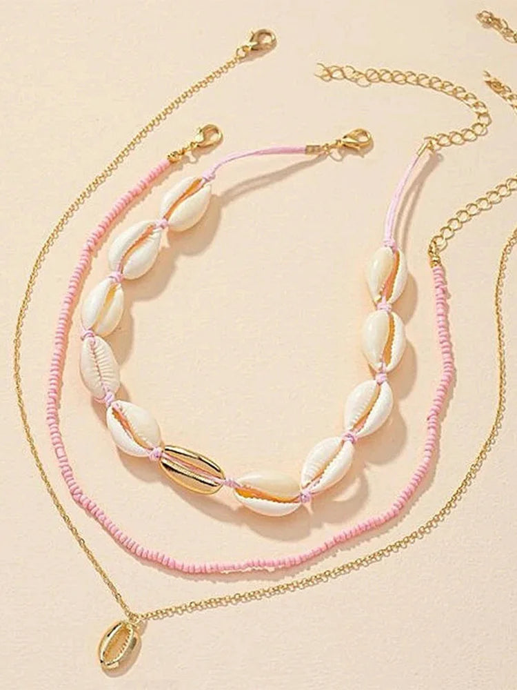 Fashion New Bohemia Soft Clay Shell Star Sun Pendant Chain Layered Necklace for Women Girls Summer Beach Simple Layered Necklace