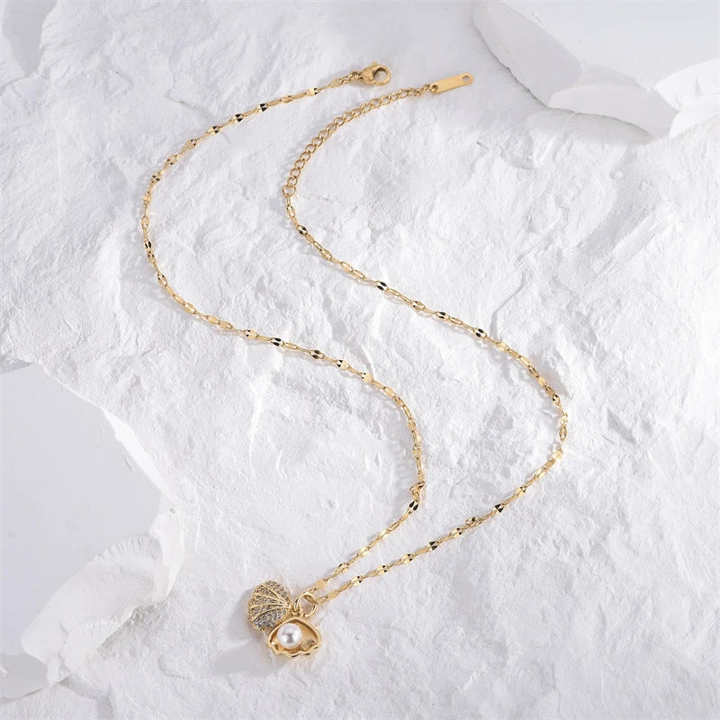 Summer Fashion Crystal Zircon Shell Imitation Pearl Pendant Necklace For Women  Collar Beach Neck Jewelry