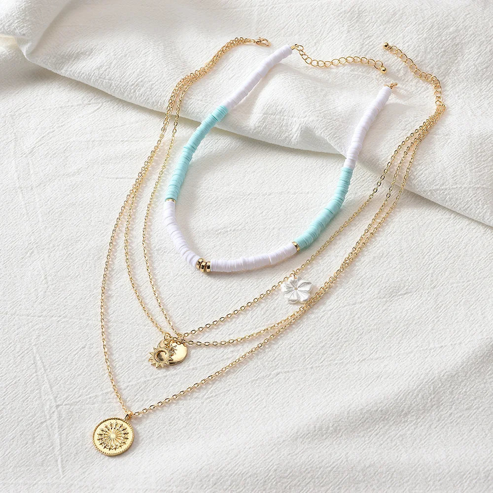 Fashion New Bohemia Soft Clay Shell Star Sun Pendant Chain Layered Necklace for Women Girls Summer Beach Simple Layered Necklace